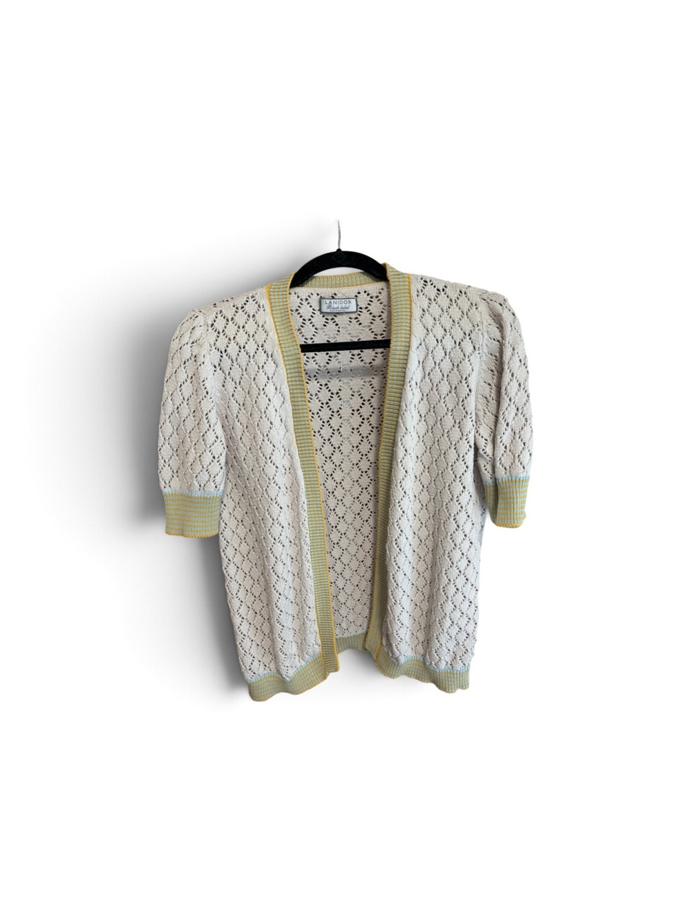 Lani Cream Openwork Short-Sleeve Cardigan with Yellow Trim